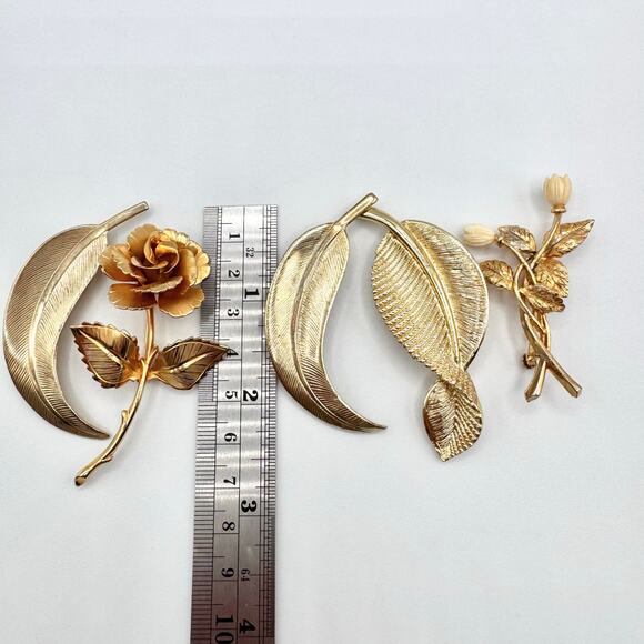 Vintage Flower Pins Leaf Pins Rose Bouquet Fall Autumn Fall Gold Tone Luxe Glam - Picture 9 of 11